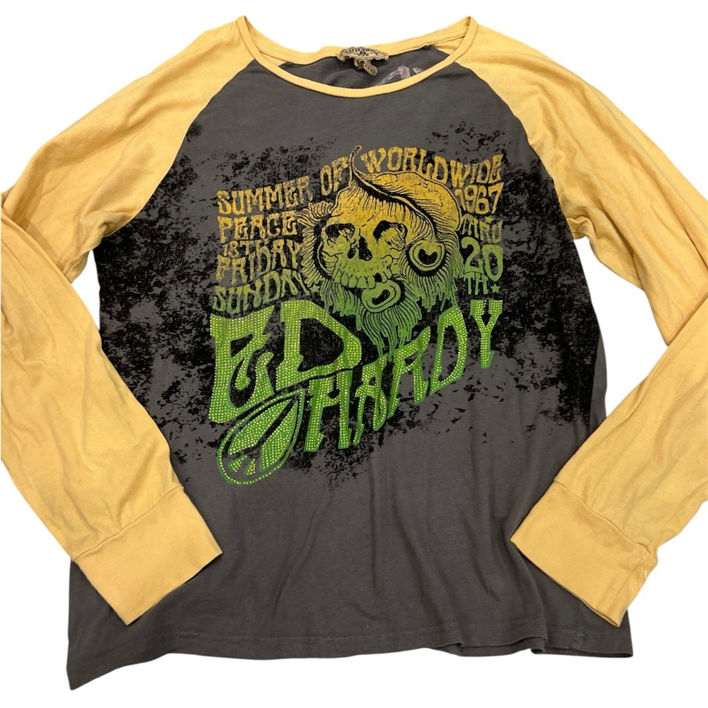 Vintage Y2K Gray & Yellow Unisex Embellished Ed Hardy Long Sleeve Baseball Tee